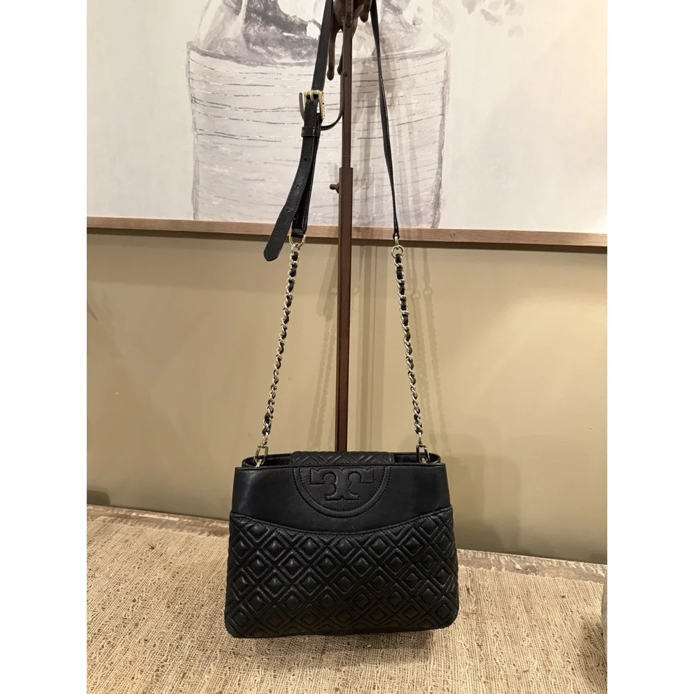 Tory Burch Fleming Quilted Open Crossbody Shoulder Bag Purse Style Black‎